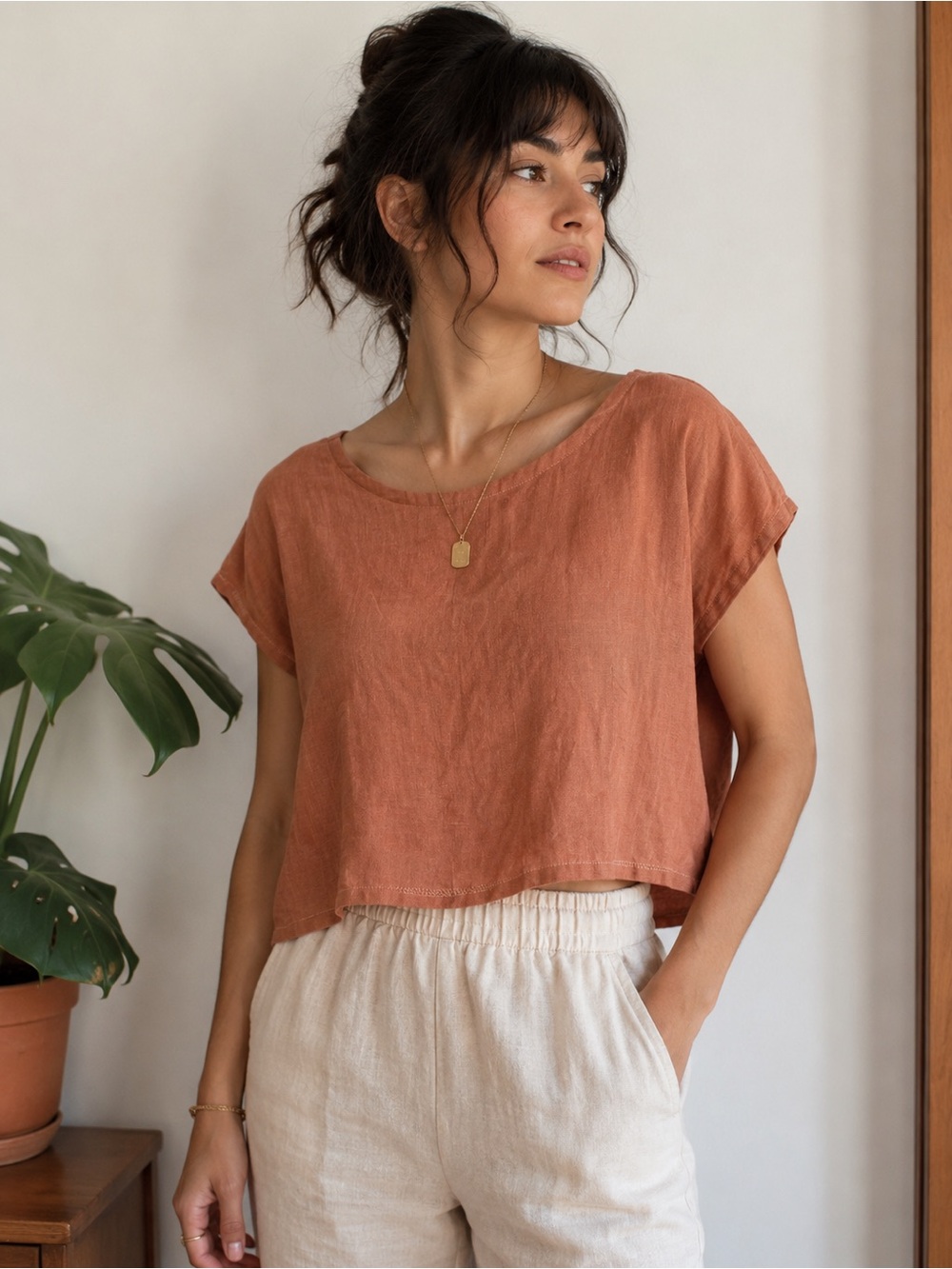 Women's Large Rust Cropped Linen Tee